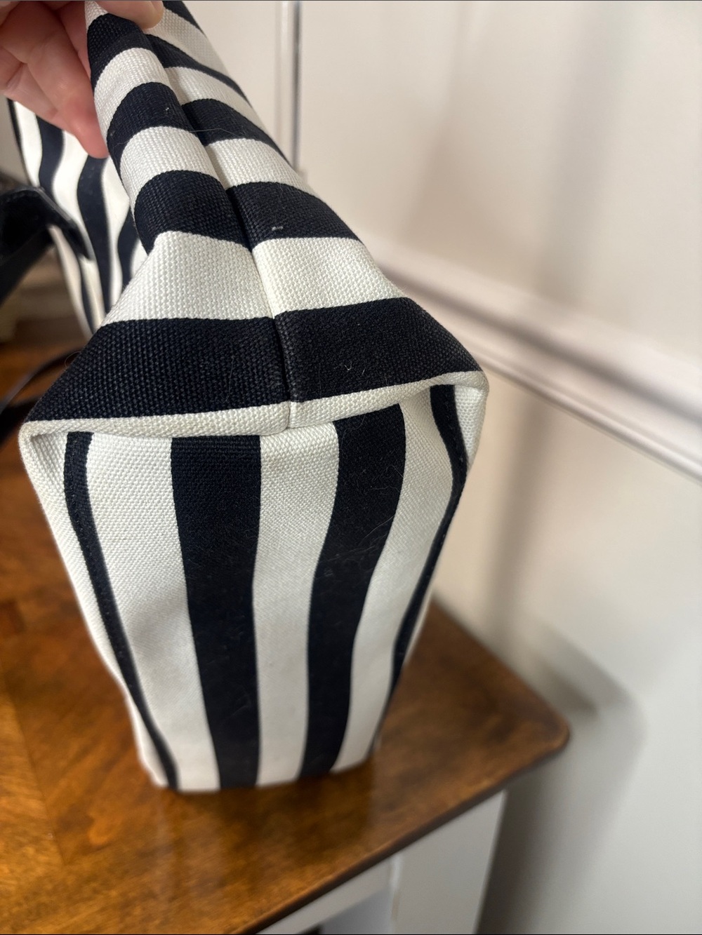 Michael Kors Black and White Striped Canvas Tote with Silver MK Charm - Picture 7 of 16